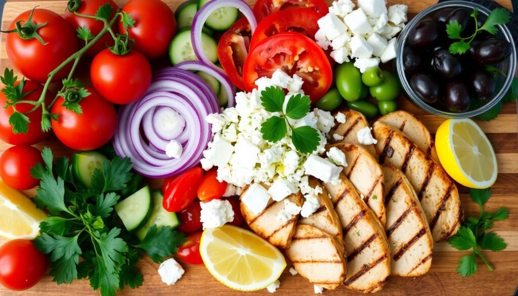 Fresh ingredients in Greek Chicken Salad