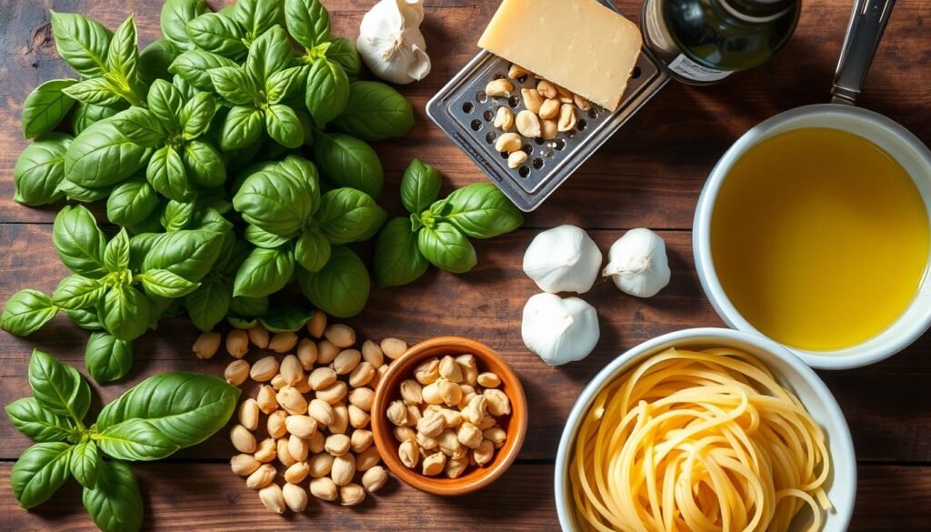 Ingredients for pesto pasta