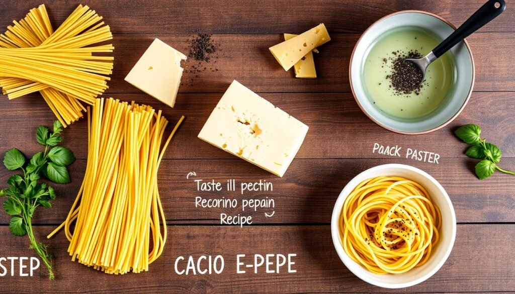 Step-by-step Cacio e Pepe recipe with ingredients and cooking techniques involved