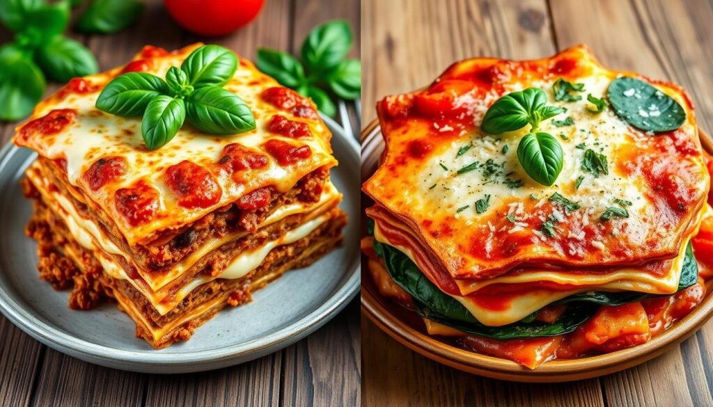 Types of lasagna showing classic and vegetarian variations