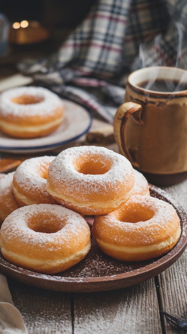 Plate of air fryer donuts with powdered sugar