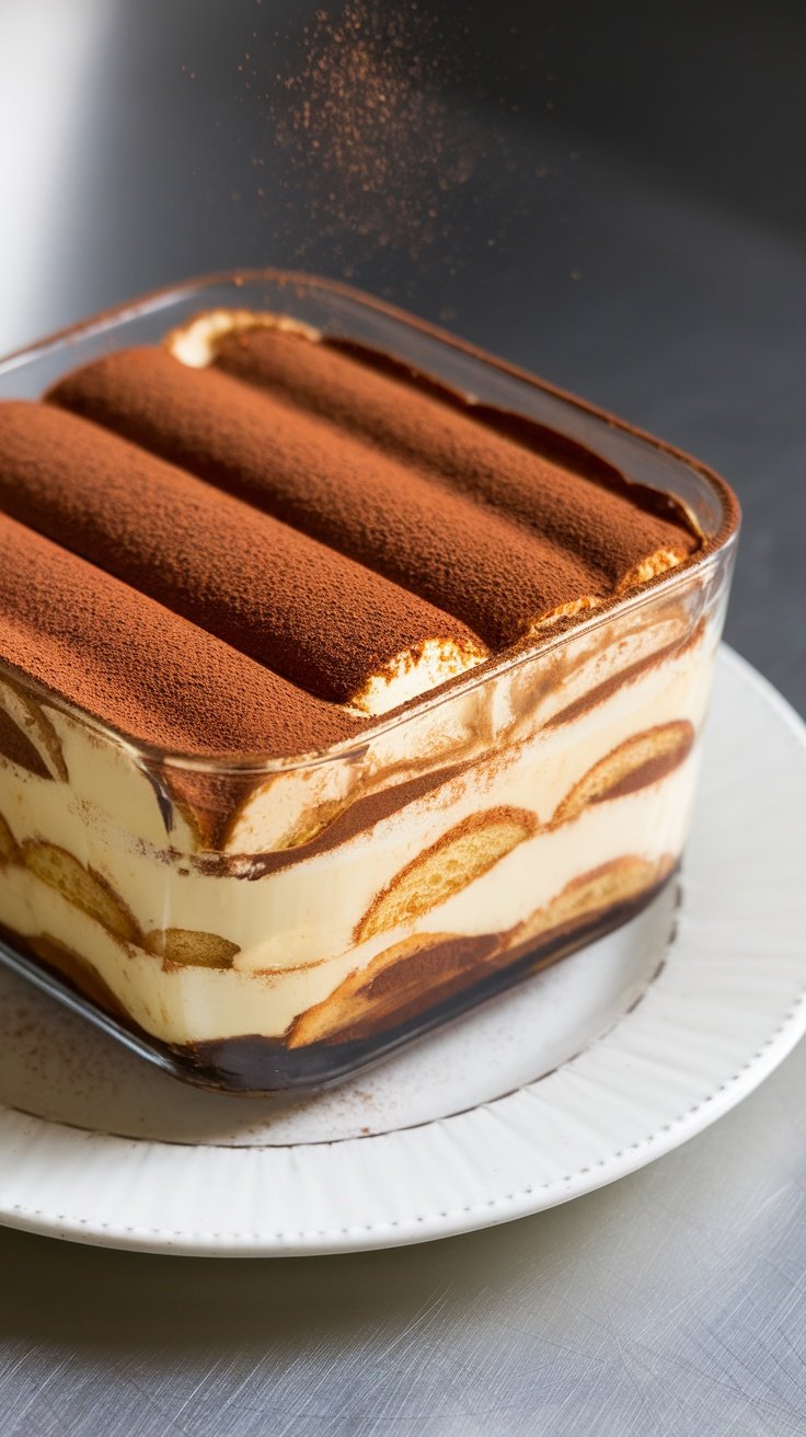 A close-up of a delicious authentic Italian tiramisu topped with cocoa powder.