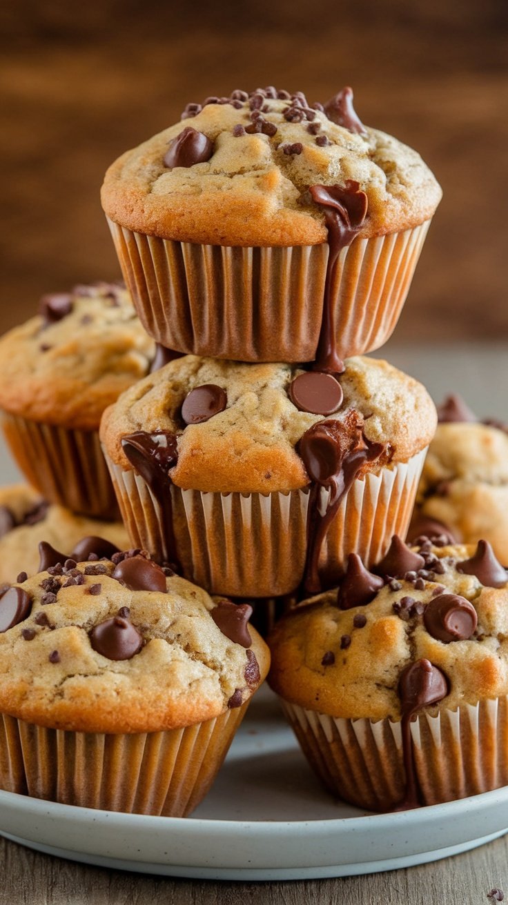 Stack of banana chocolate chip muffins with chocolate dripping down the sides.