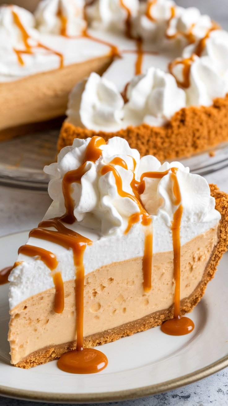 A slice of banana pudding pie with whipped cream and caramel drizzled on top.