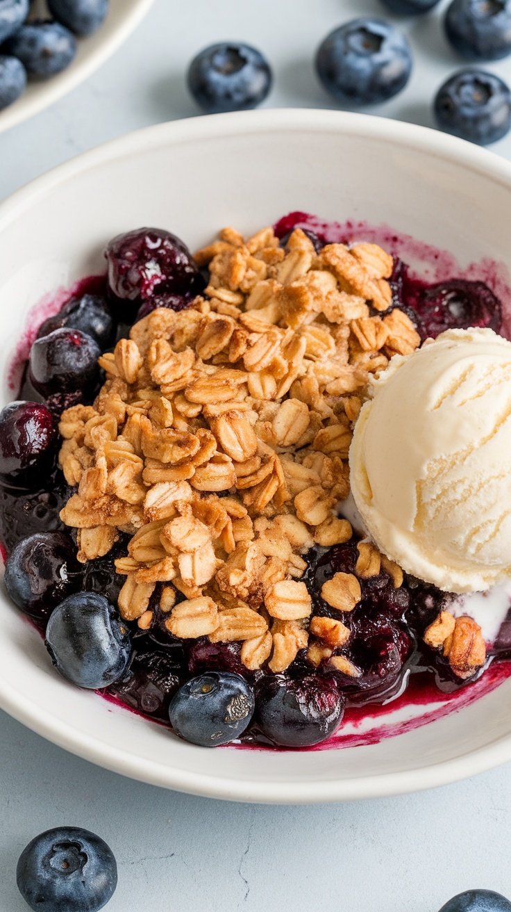 A bowl of blueberry crumble with a scoop of ice cream on top