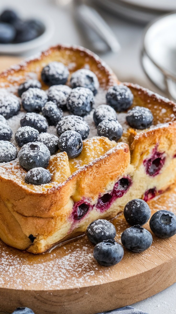 A delicious Blueberry French Toast Casserole topped with blueberries and powdered sugar on a wooden board.