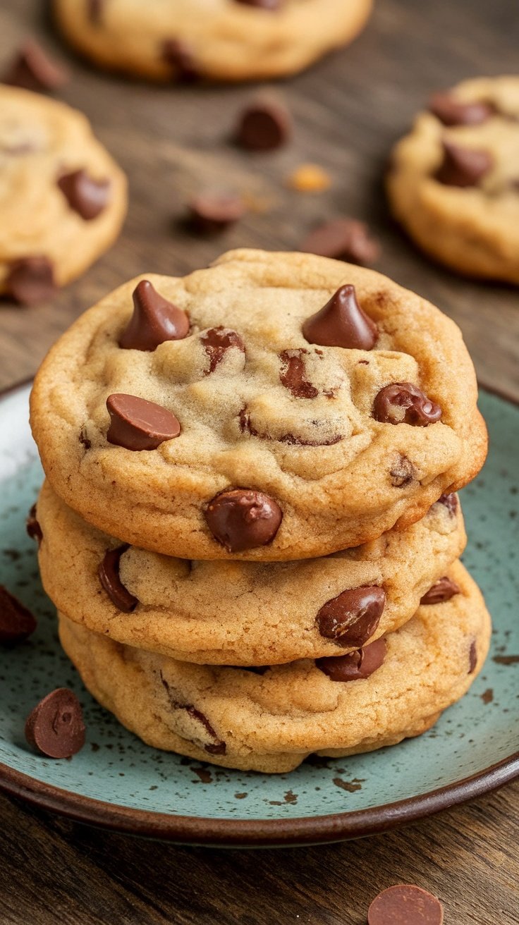 A stack of delicious brown butter chocolate chip cookies on a teal plate with chocolate chips scattered around.