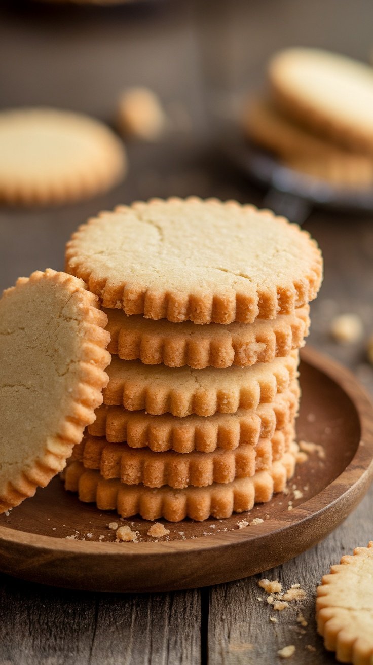 A stack of buttery shortbread cookies on a wooden plate.