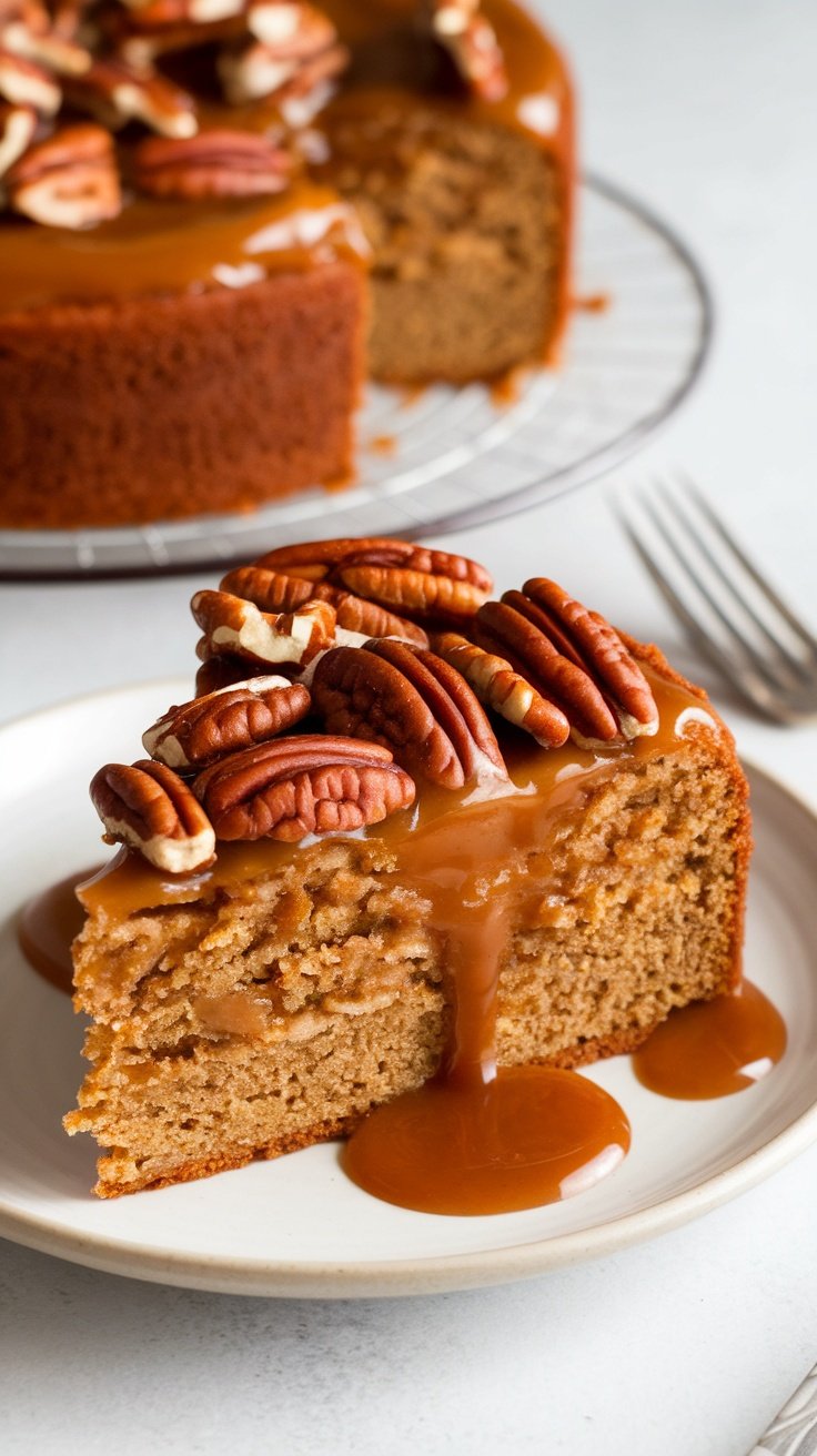 A slice of caramel apple cake topped with pecans and caramel sauce.