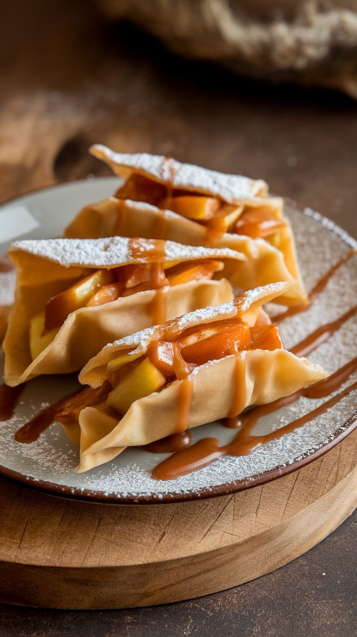 Crispy caramel apple wontons on a plate, drizzled with caramel sauce.