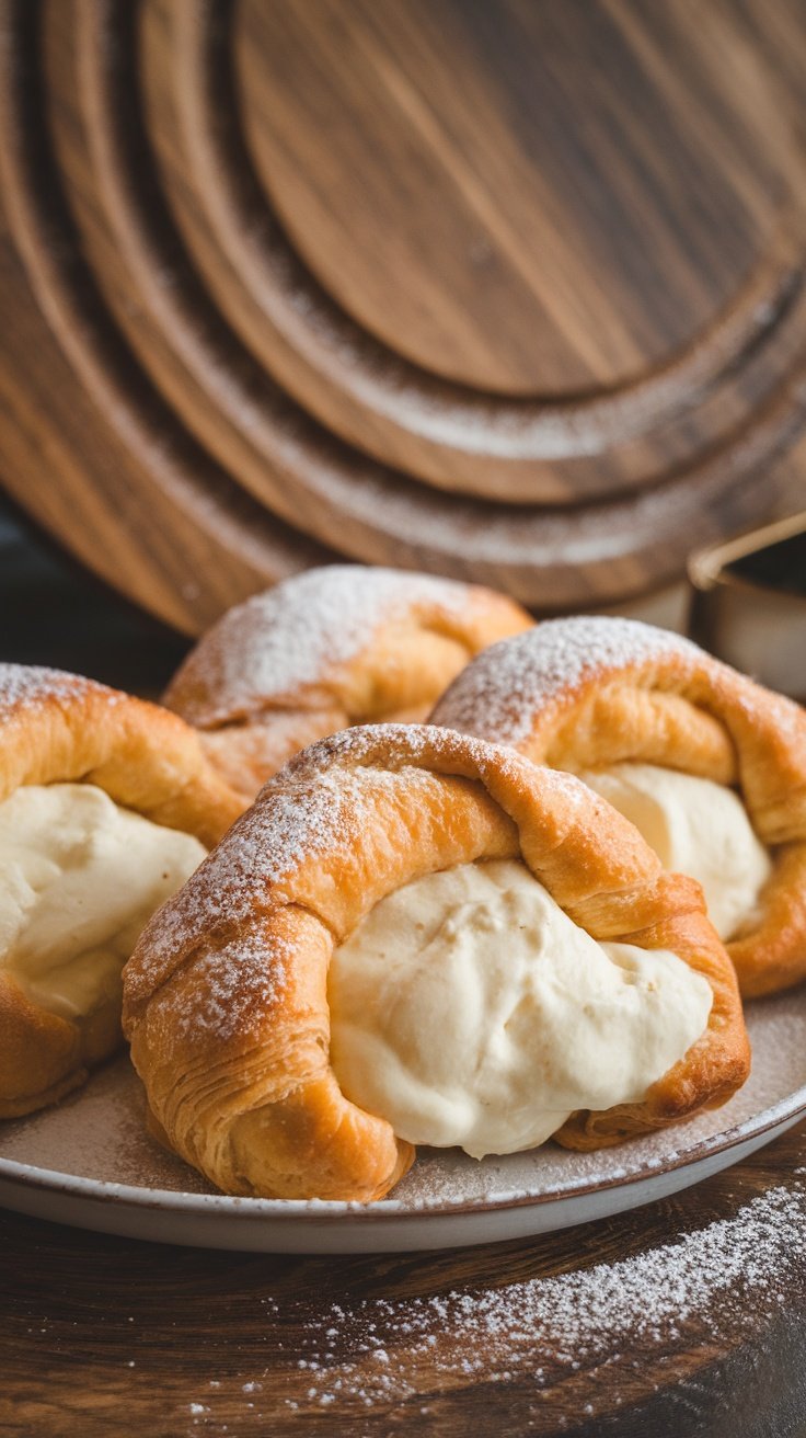 Delicious cheesecake crescent rolls dusted with powdered sugar on a plate