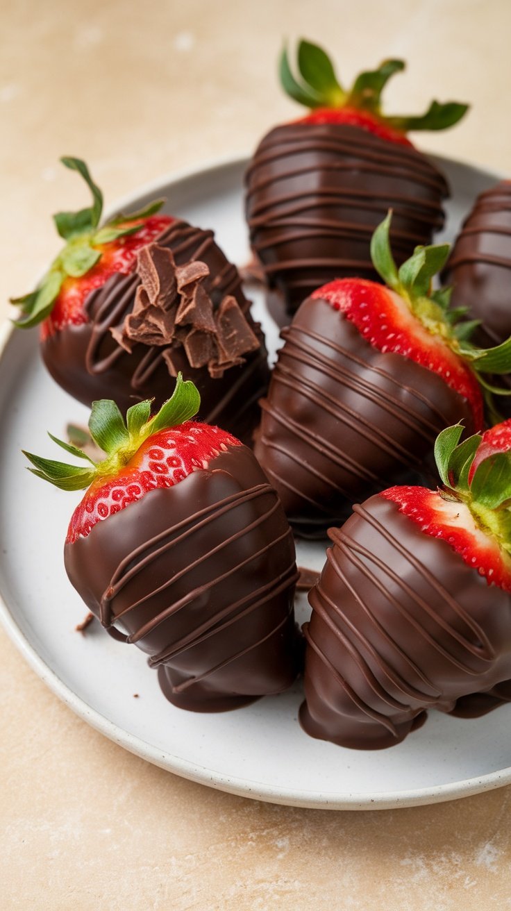 A plate of chocolate-covered strawberries with a drizzle of chocolate on top.