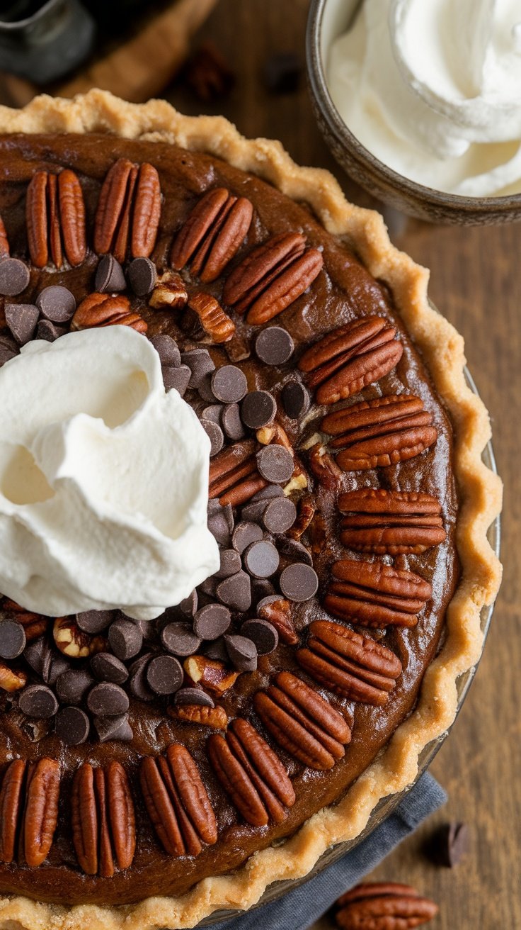 A beautiful Chocolate Bourbon Pecan Pie topped with whipped cream and chocolate chips