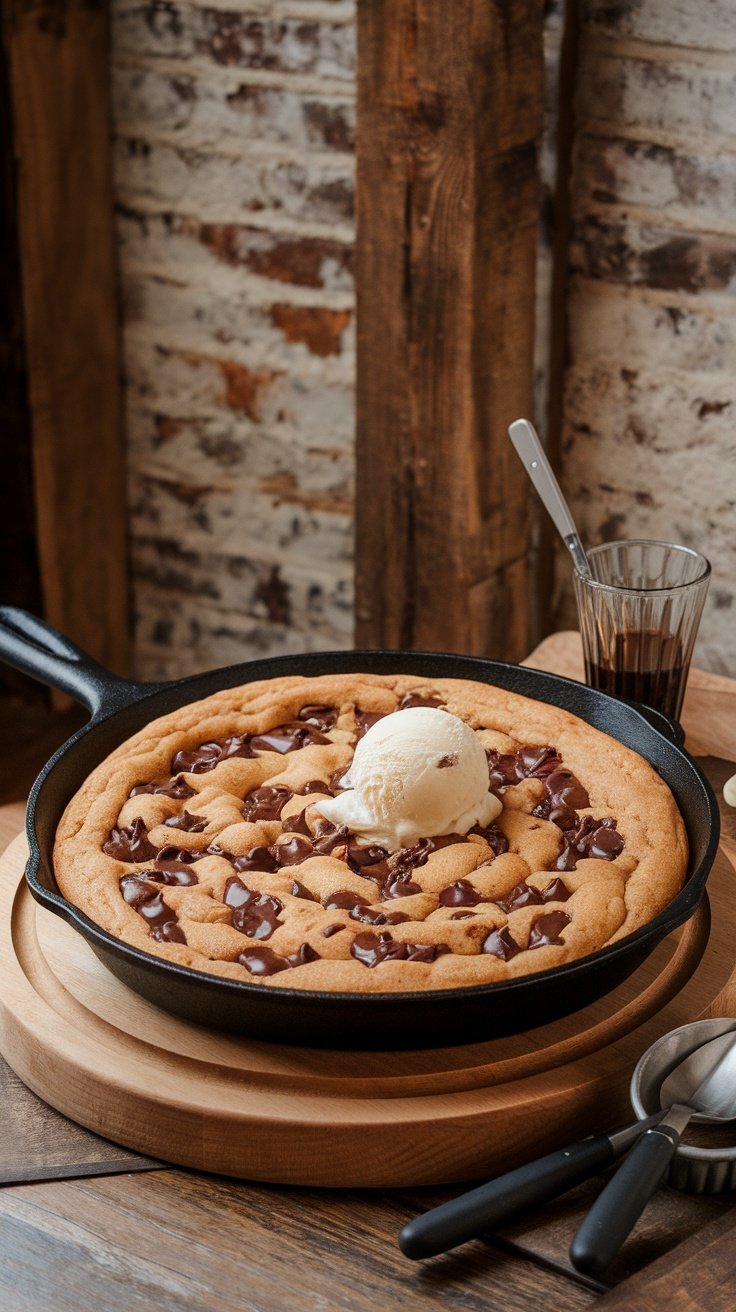 A warm chocolate chip skillet cookie topped with a scoop of ice cream.