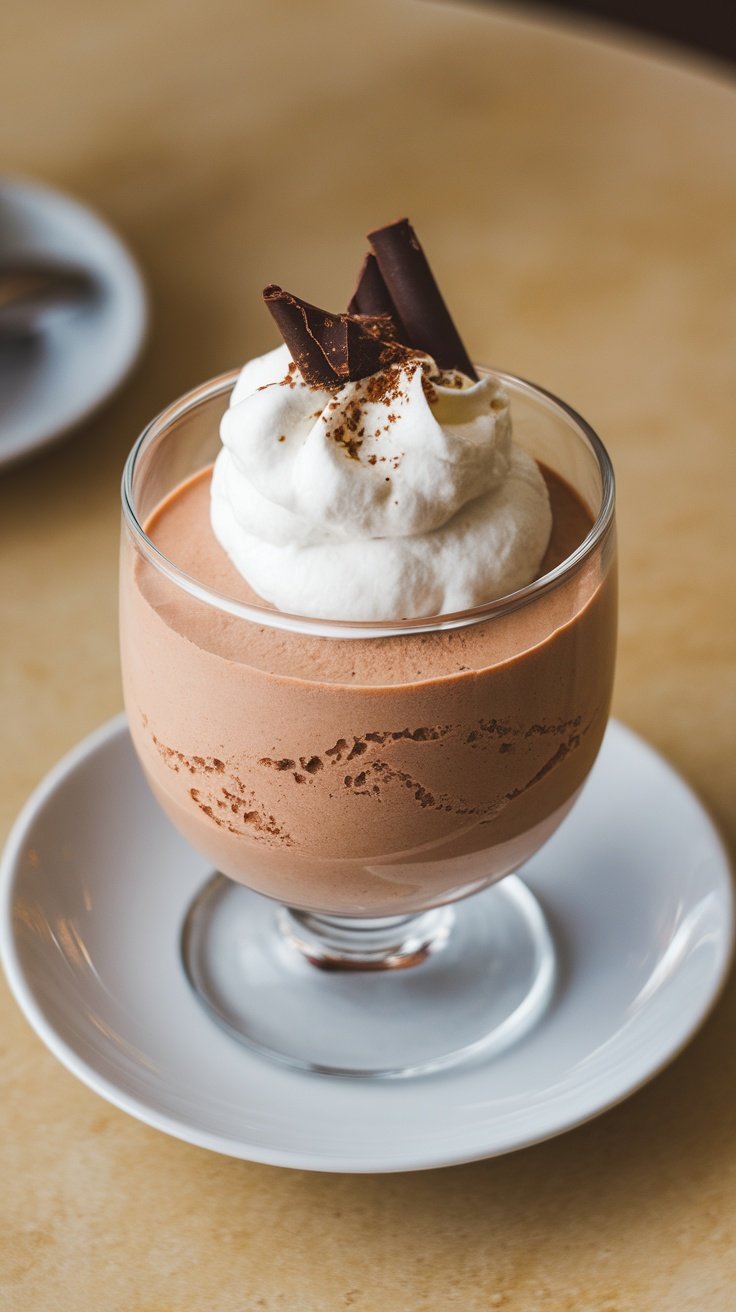 A glass of chocolate mousse topped with whipped cream and chocolate shavings.