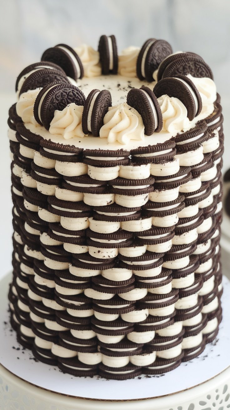 A stunning Chocolate Oreo Cake layered with chocolate, cream, and topped with Oreo cookies.