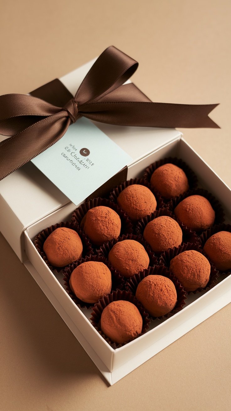 A beautifully arranged box of chocolate truffles with a brown ribbon.