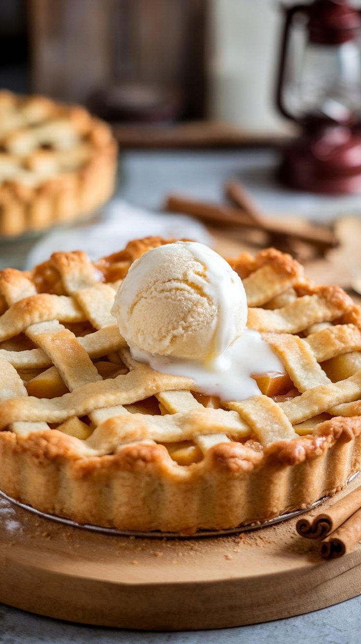 A classic apple pie with a scoop of vanilla ice cream on top.