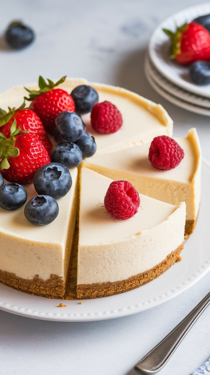 A slice of classic cheesecake topped with fresh strawberries, blueberries, and raspberries.