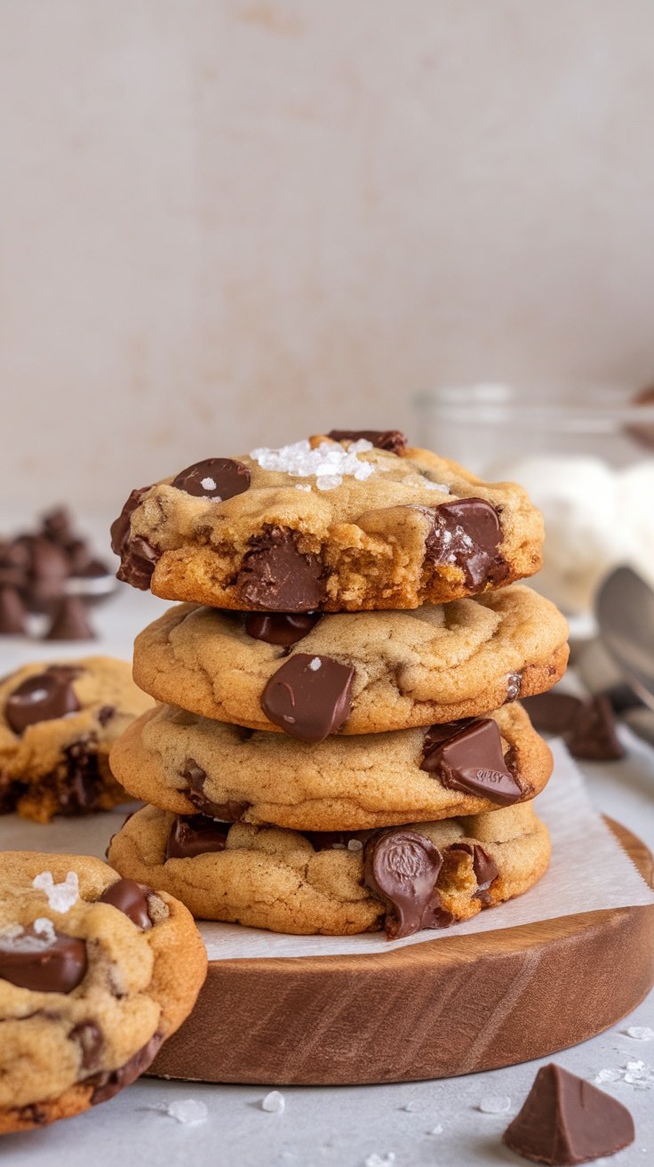 Stack of chocolate chip cookies with sea salt on top