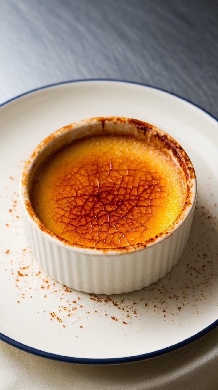 A beautifully caramelized crème brûlée in a white ramekin on a plate.