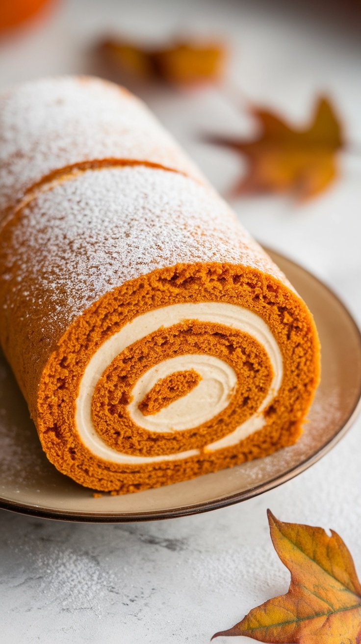 Cream Cheese Pumpkin Roll on a plate with powdered sugar and autumn leaves