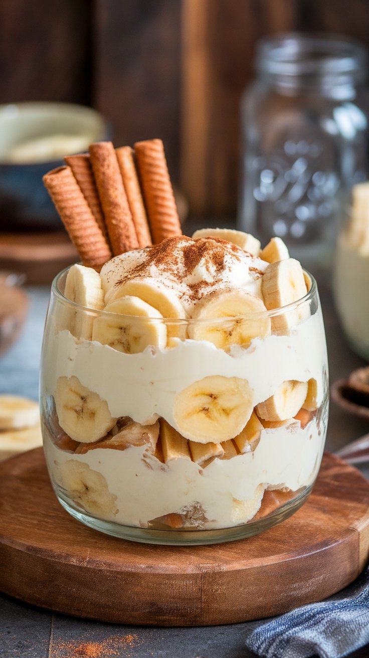 A delicious glass of creamy banana pudding with banana slices and wafer sticks.