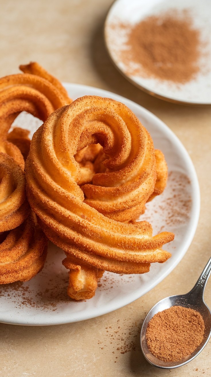 A plate of crispy churros with a side of cinnamon sugar.