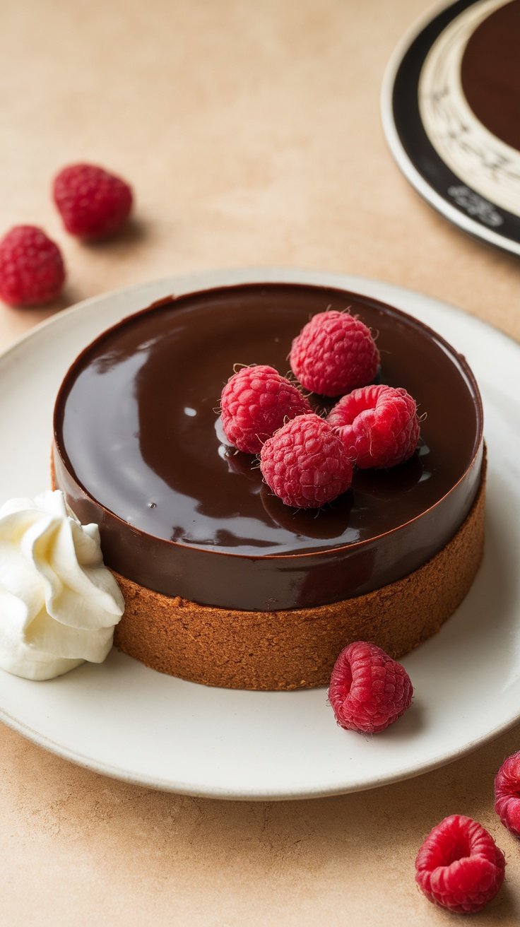 A delicious Dark Chocolate Ganache Tart topped with raspberries and whipped cream.