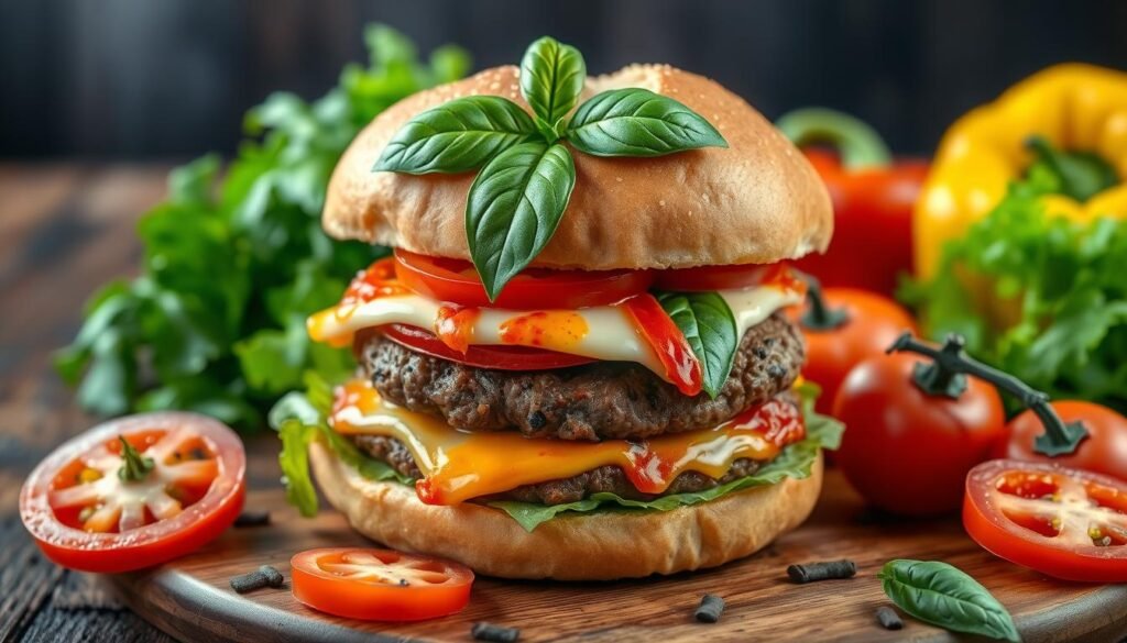 delicious pizza burger ingredients