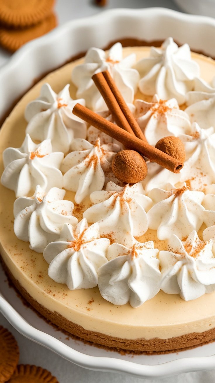 A beautifully decorated Eggnog Cheesecake topped with whipped cream and spices