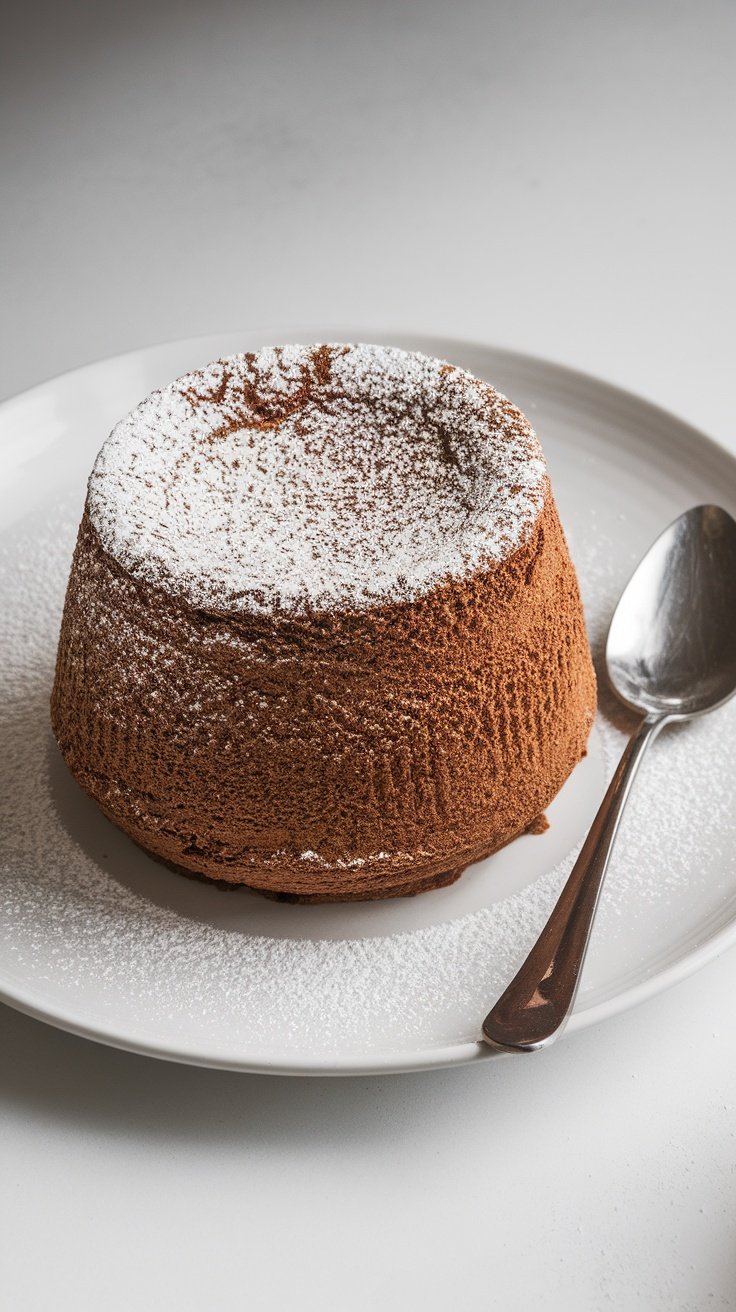 A beautifully presented French chocolate soufflé topped with powdered sugar on a white plate.