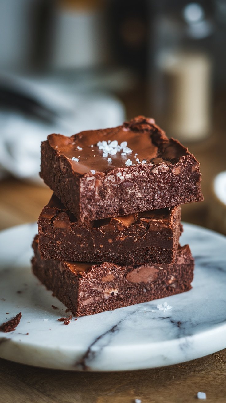 A stack of fudgy chocolate brownies topped with sea salt on a marble platter.