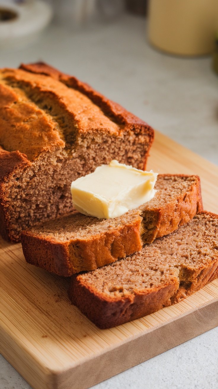 Sliced homemade banana bread with a pat of butter on top