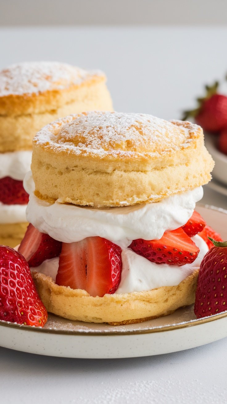 A delicious homemade strawberry shortcake with strawberries and whipped cream.