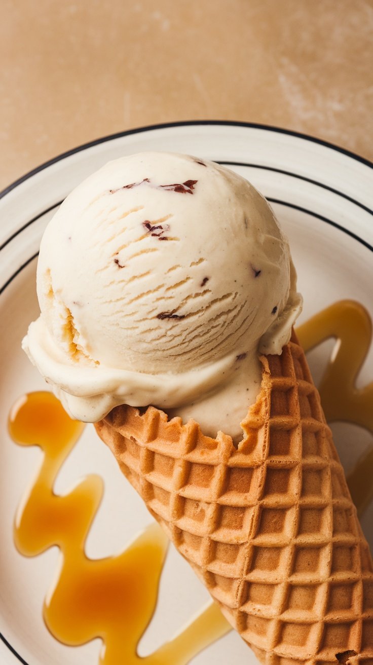 A delicious scoop of homemade vanilla ice cream in a waffle cone, drizzled with syrup.