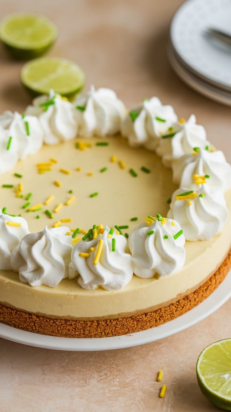 A beautiful key lime pie topped with whipped cream and colorful sprinkles, with lime halves beside it.