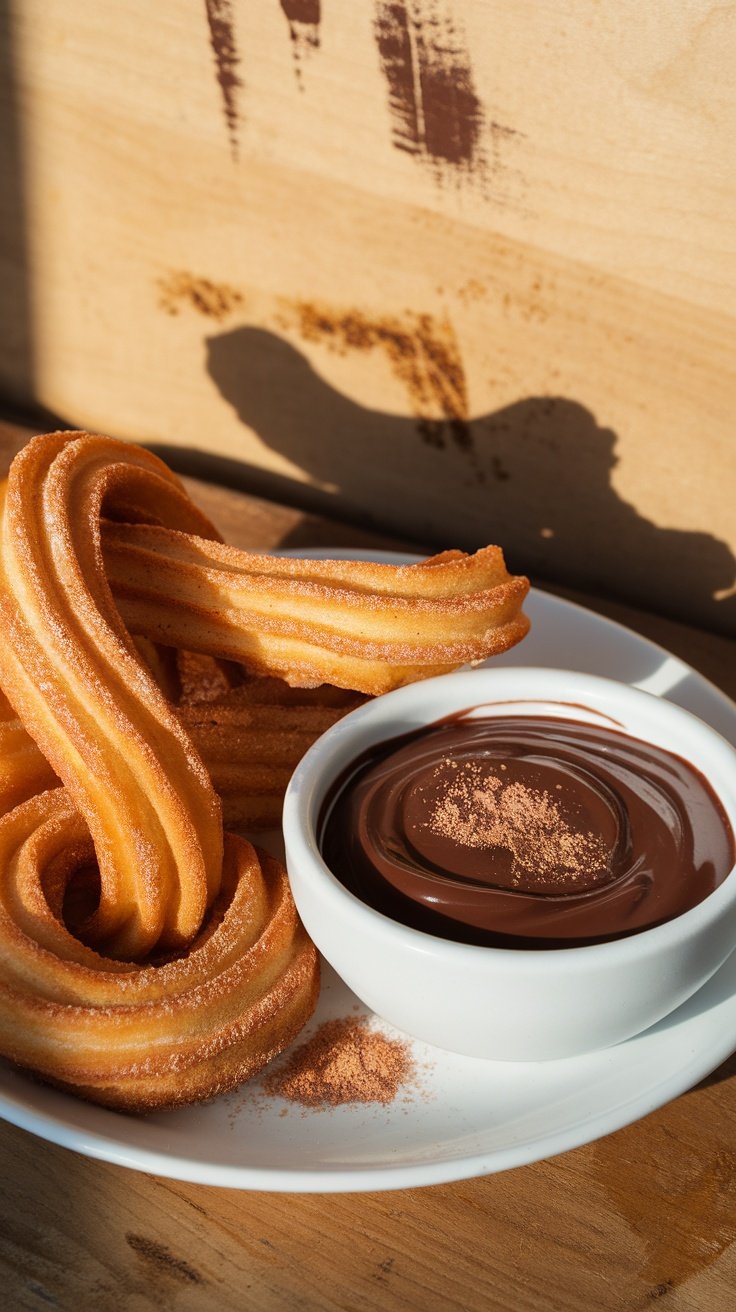 A plate of Mexican churros with a small bowl of chocolate sauce