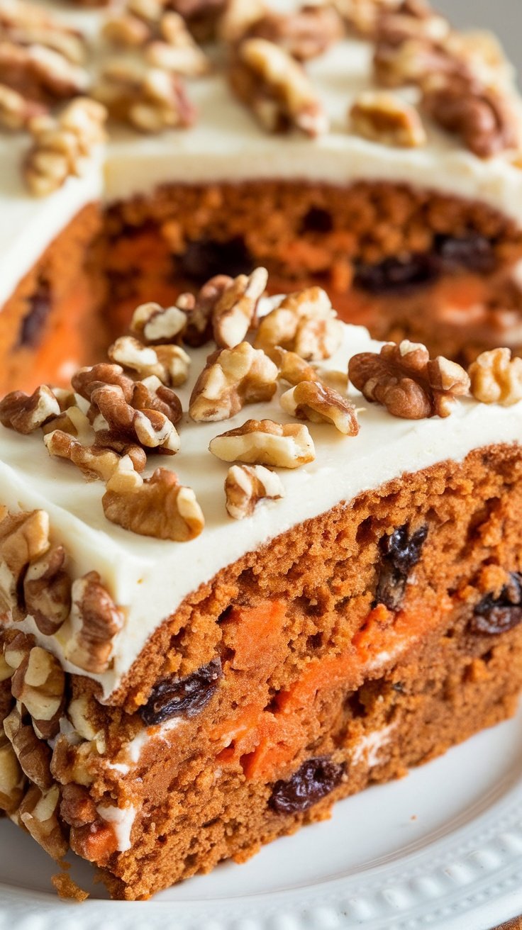 A close-up of a moist carrot cake topped with cream cheese frosting and walnuts.