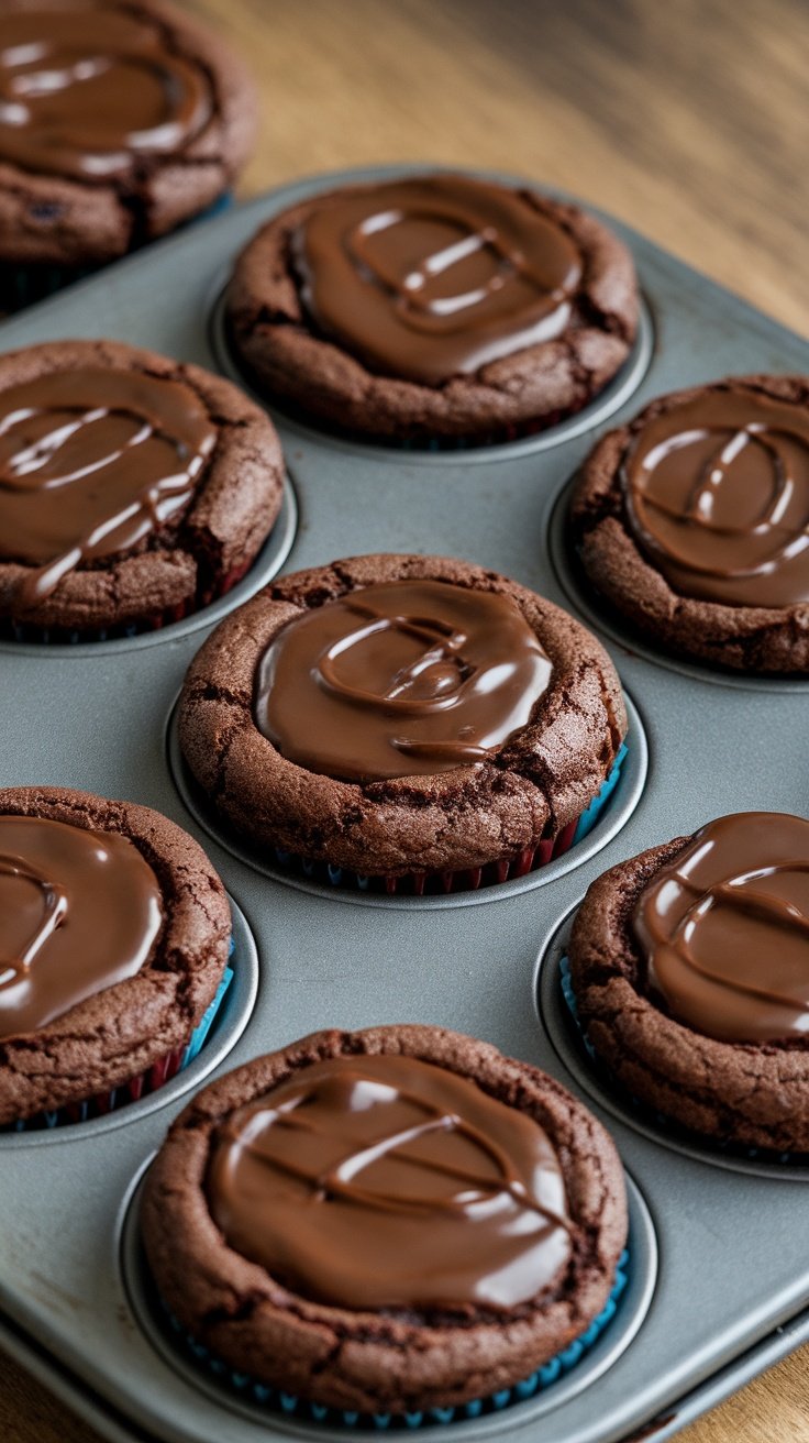 Moist chocolate muffins topped with glossy chocolate frosting in a muffin tray.