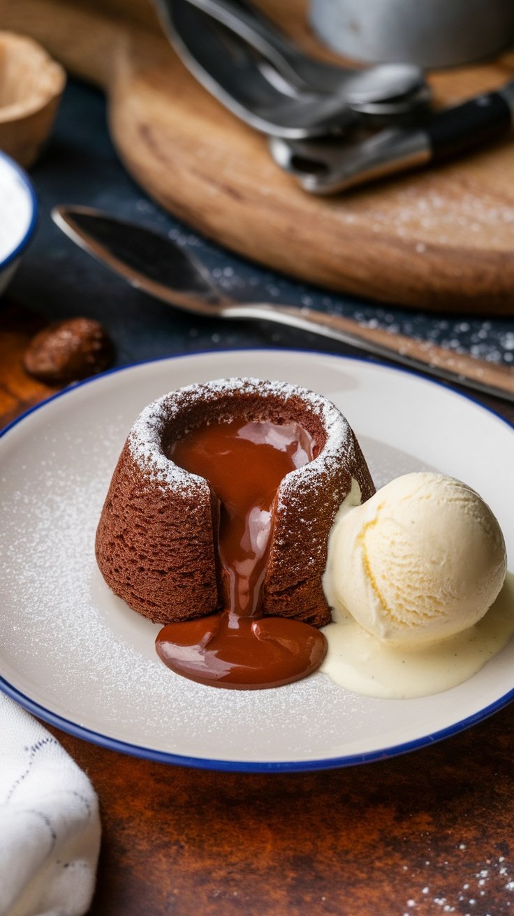 A decadent molten lava cake with a rich chocolate center, served with a scoop of vanilla ice cream.