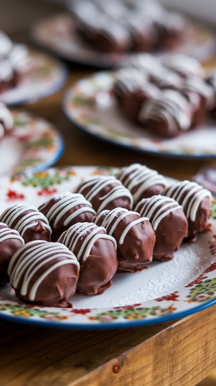 A plate of no-bake buckeye candies drizzled with white chocolate.