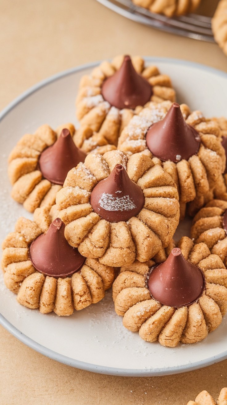 Plate of peanut butter blossoms topped with chocolate kisses