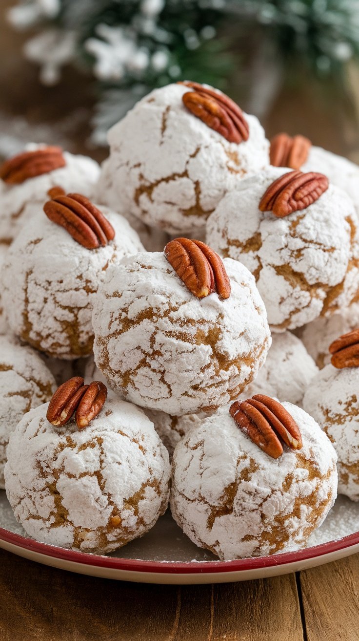 A close-up of pecan snowball cookies dusted with powdered sugar and topped with pecan halves.