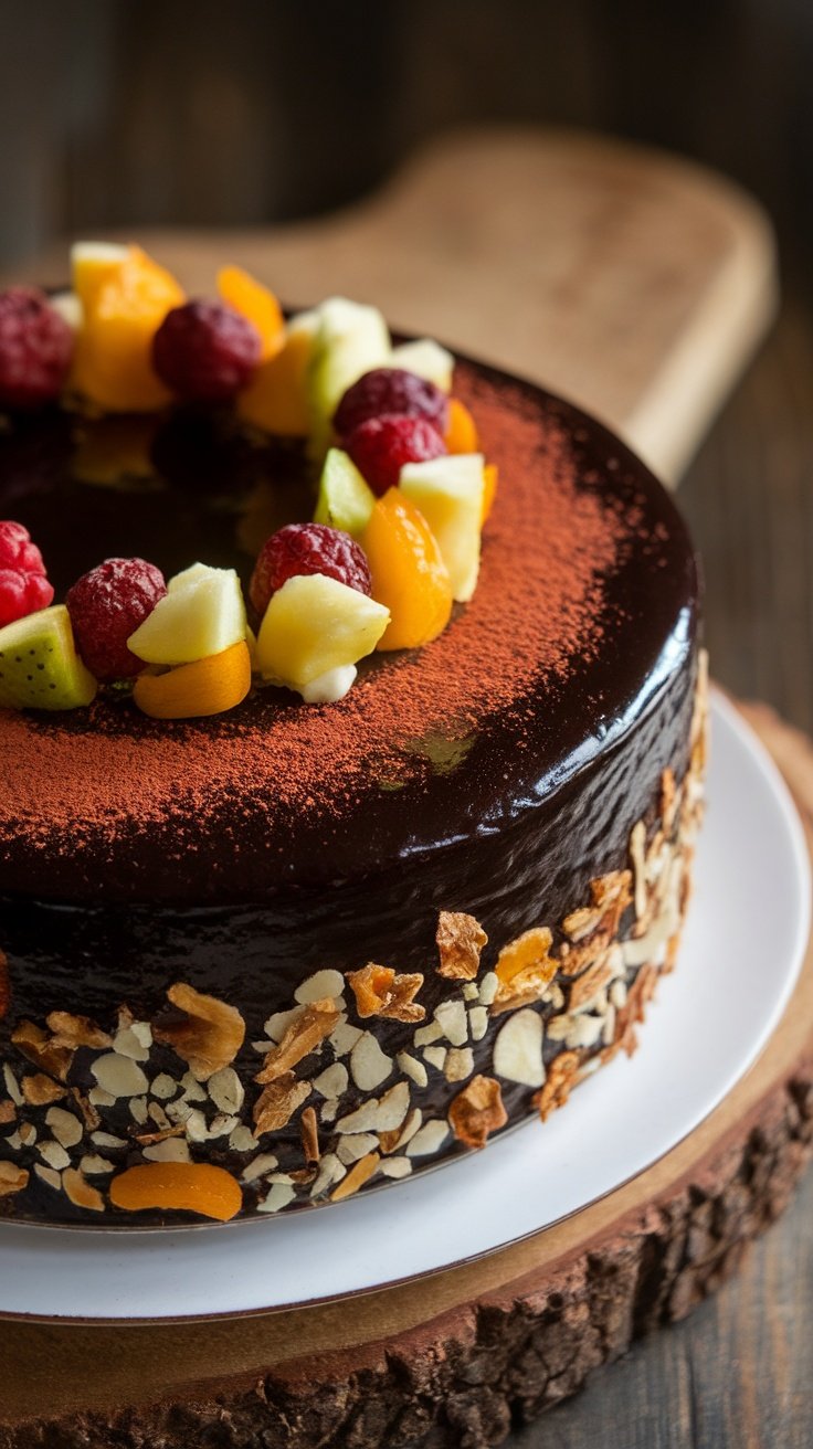 A beautiful Rich Black Cake topped with fruits and nuts.