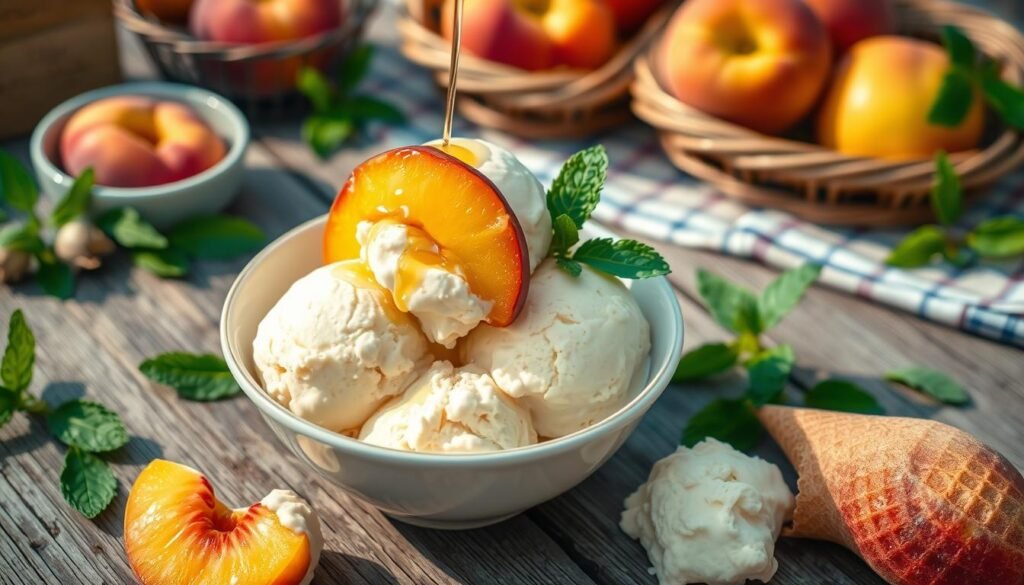 serving suggestions for peach ice cream dessert