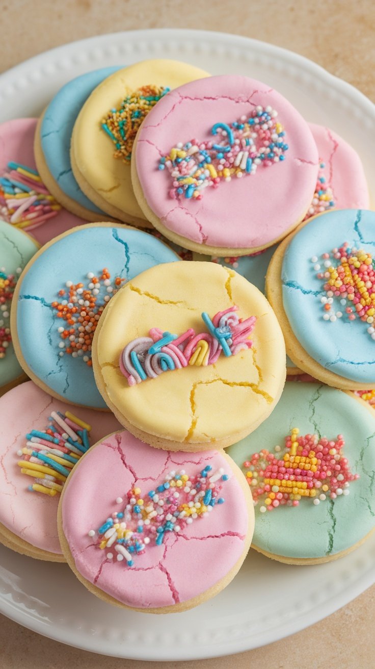 A plate of colorful soft sugar cookies decorated with icing and sprinkles.