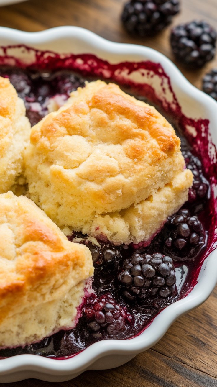 Delicious Southern blackberry cobbler topped with fluffy biscuits