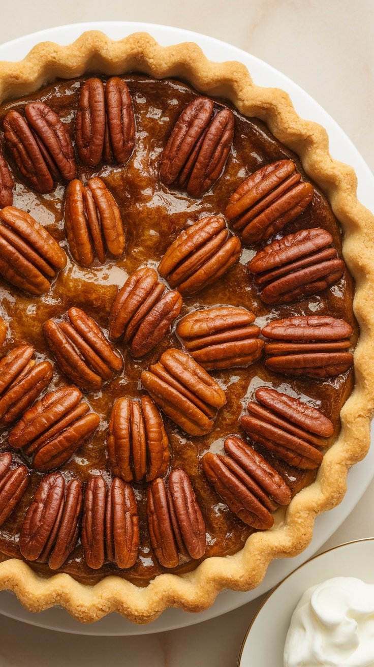 A delicious Southern Pecan Pie topped with whole pecans.