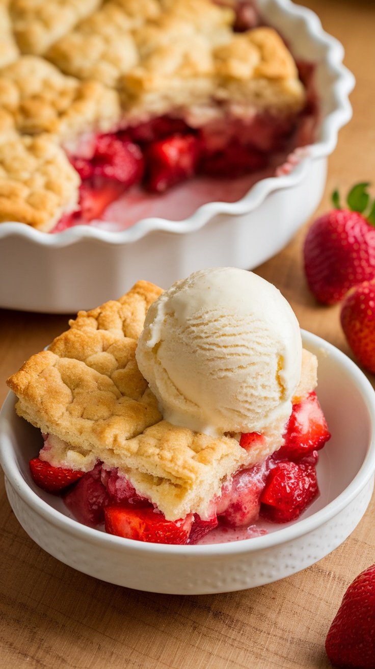 A delicious serving of strawberry cobbler with a scoop of ice cream on top.